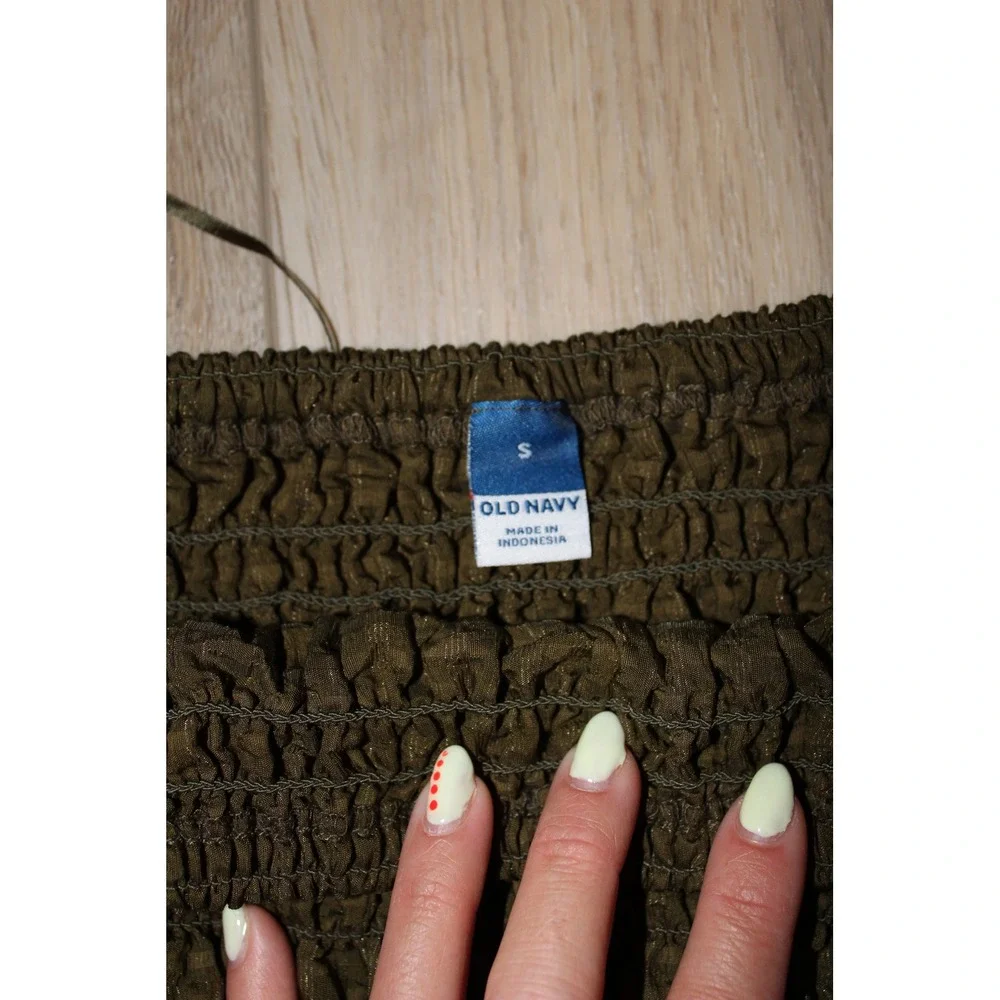 Old Navy Women's Olive Green Smocked Puff Sleeve Metallic Square Neck‎ Top Small